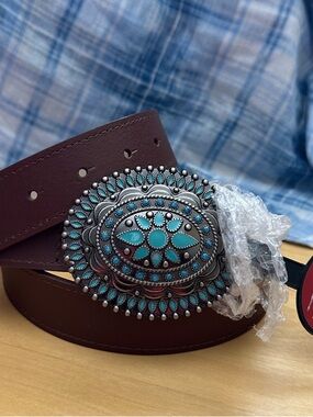 Red Ranch Brown Leather Belt with Turquoise Concho Buckle
